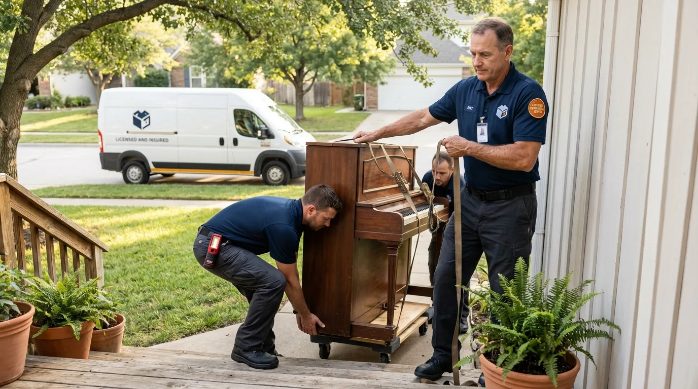 Licensed piano movers securing grand piano in Snow Hill, NC