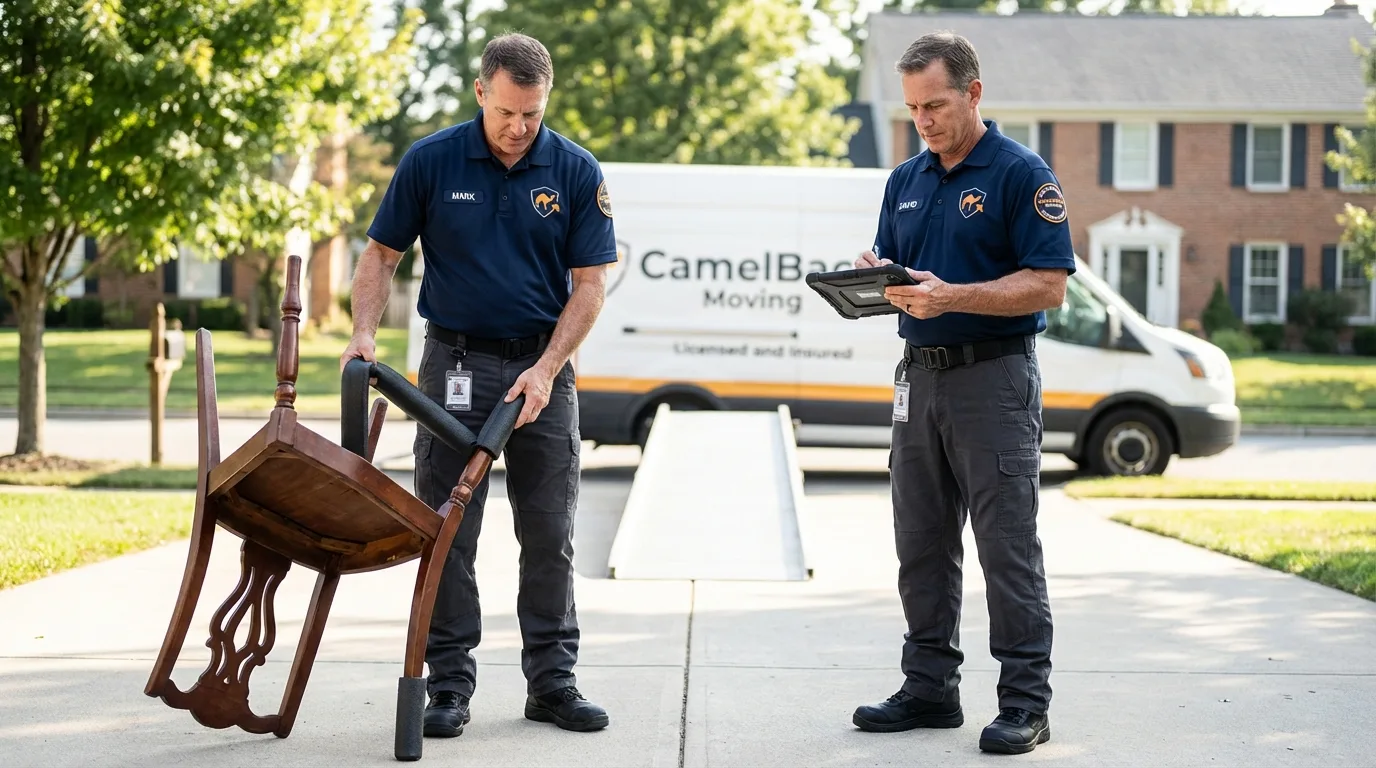 Movers inspecting furniture for damage prevention before loading in Snow Hill, NC